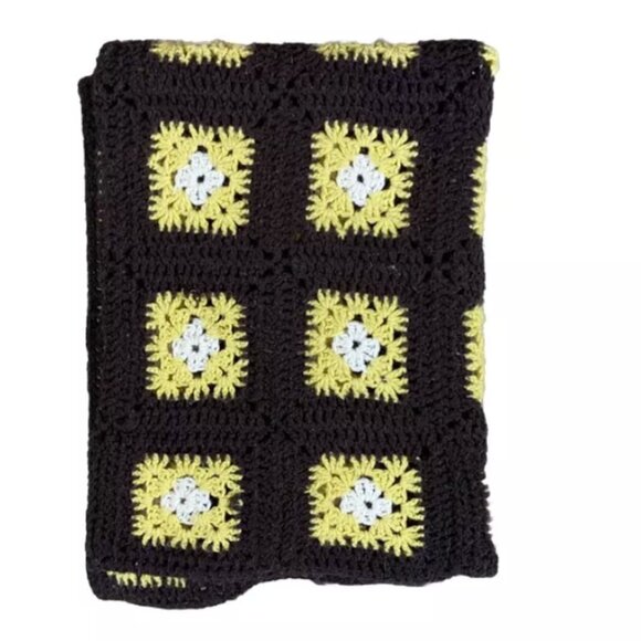 Vintage Handmade Granny Square Quilt Throw Blanket Brown Yellow Crochet Knit 70s - Picture 3 of 8